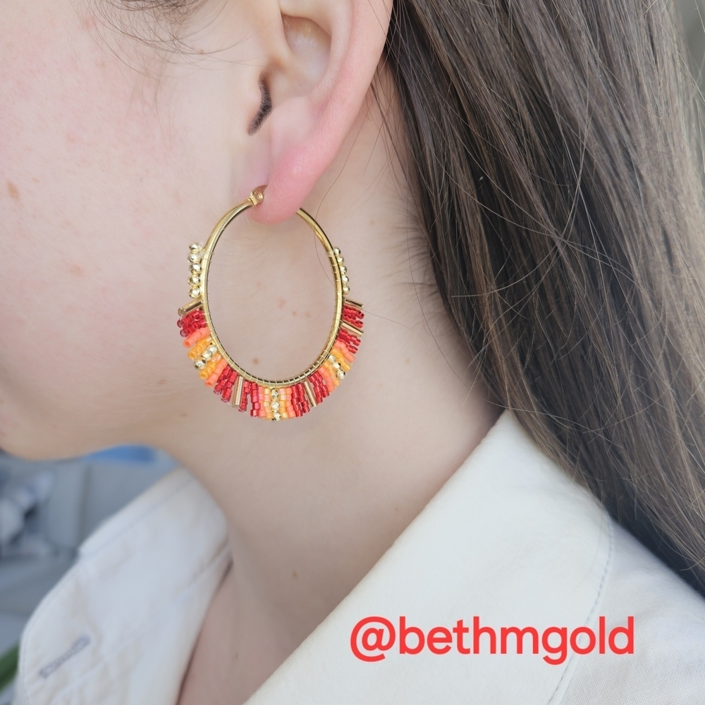 Vibrant Beaded Hoop Earrings Red & Orange Miyuki Rice Beads